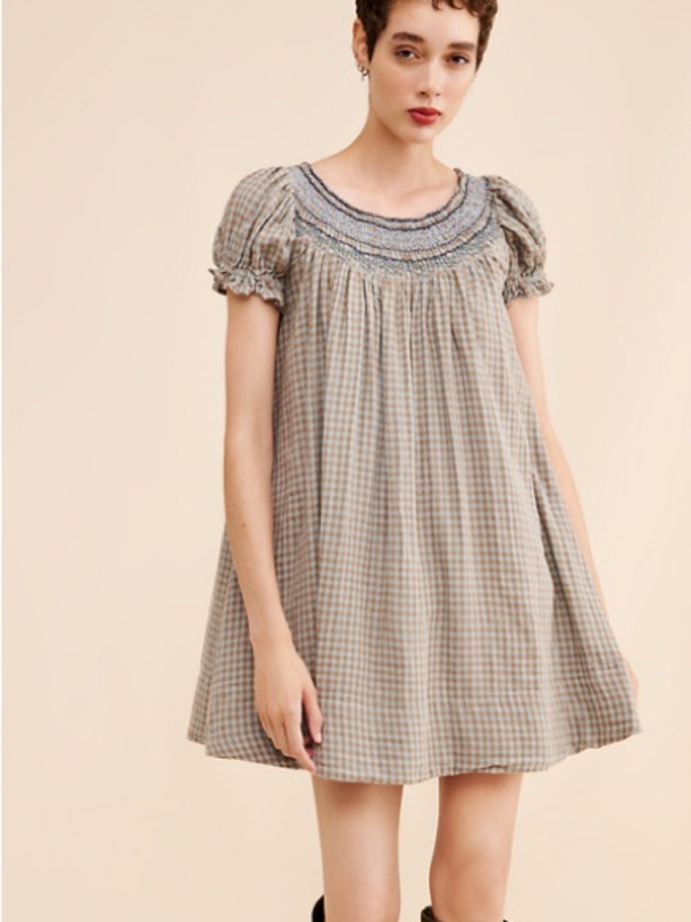 Poet Smocked Yoke Gingham Mini Dress in Beige